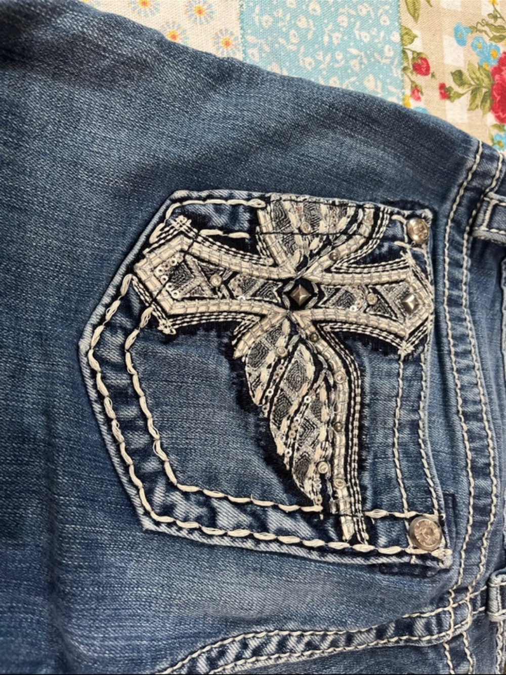 Miss Me Dark Blue Denim Bootcut Jeans with Embellished Cross Pocket